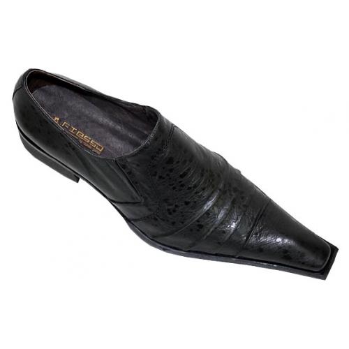 Fiesso Black Pleated Ostrich Print Leather Shoes FI8049